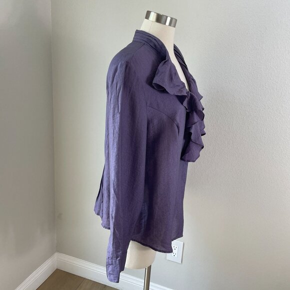 NEW Coldwater Creek Ruffle Front Shimmer Shirt L Purple Misses 14-16 - Picture 3 of 11